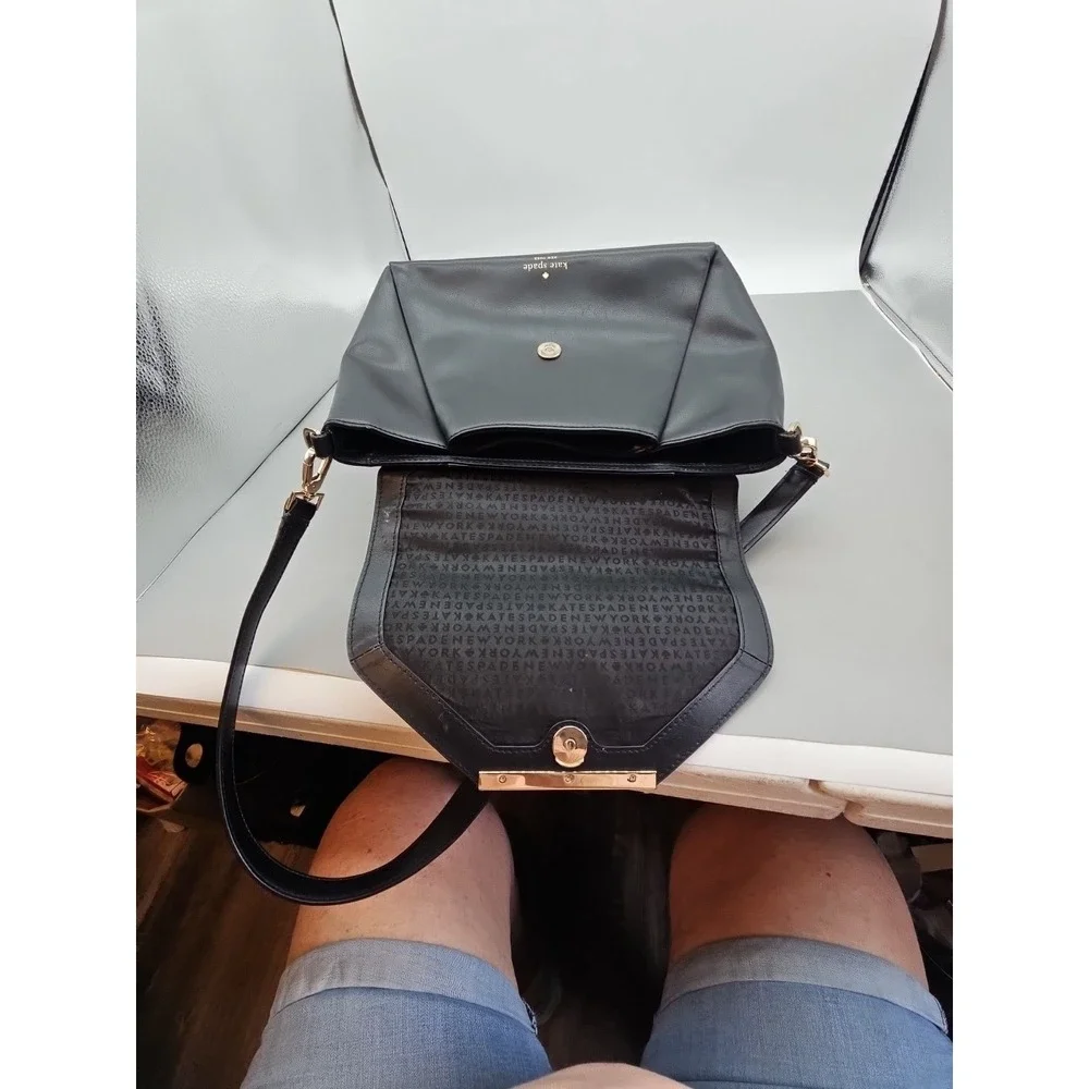 Kate Spade New York Womens Black Leather Flap Medium Satchel Bag Handbag